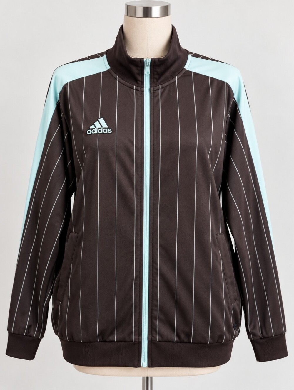 Adidas 2X Track Jacket Brown & Light Blue Pinstripe Full Zip Athletic Retro Styl